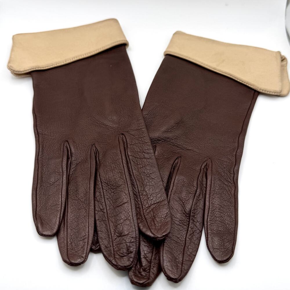 Vintage 70s Brown Genuine Leather Beige Cuff Trim Gloves